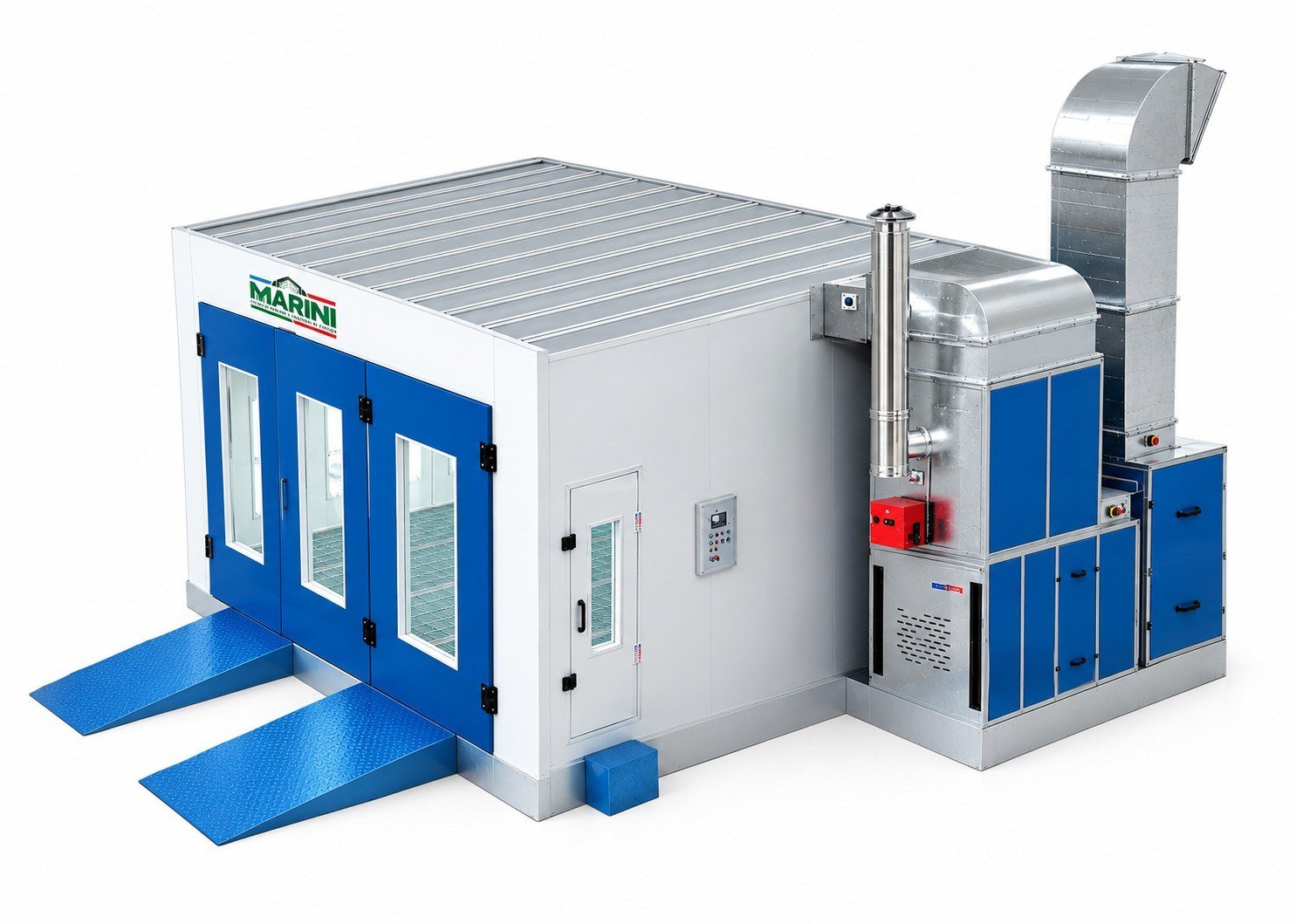 Vue de 3/4 — toit, groupe d'air neuf et gaine d'extraction