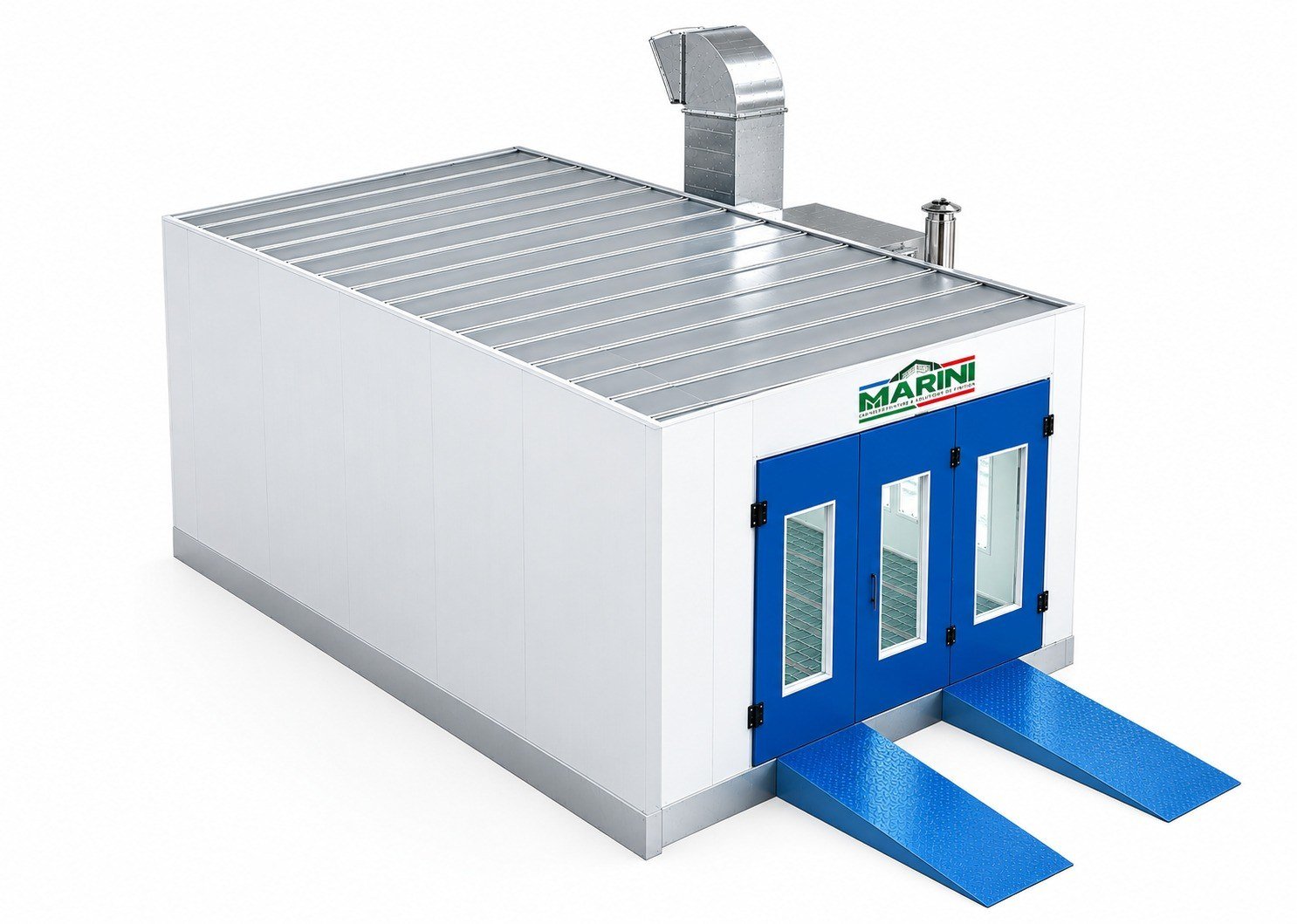 Vue de 3/4 arrière — cabine et gaine d'extraction